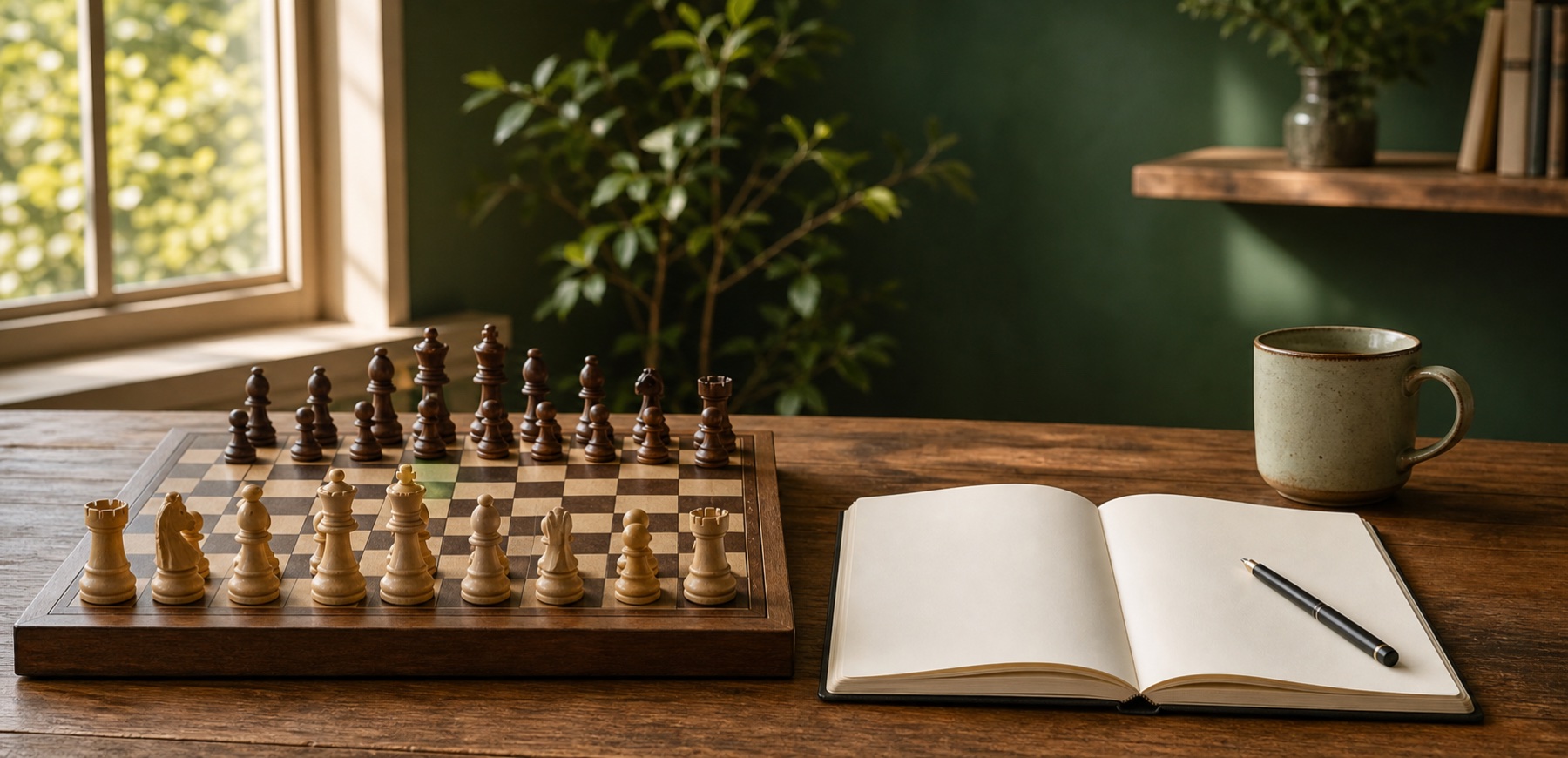 Un échiquier et un carnet ouverts sur une table