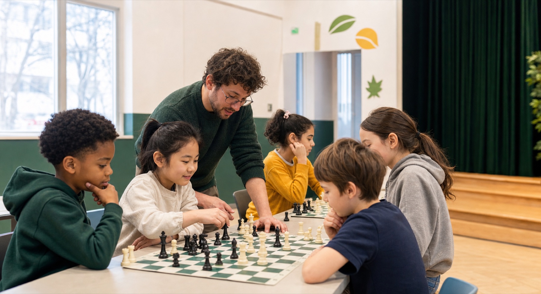 Un professeur accompagne des élèves réunis autour d’échiquiers